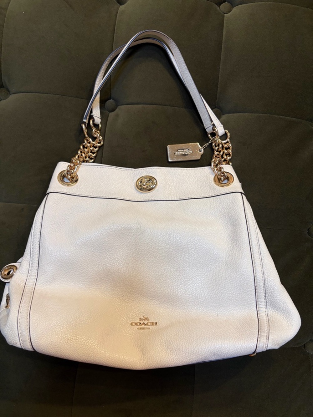 Coach Edie White Pebbled Leather Shoulder Bag Gold Hardware/Three Compartments